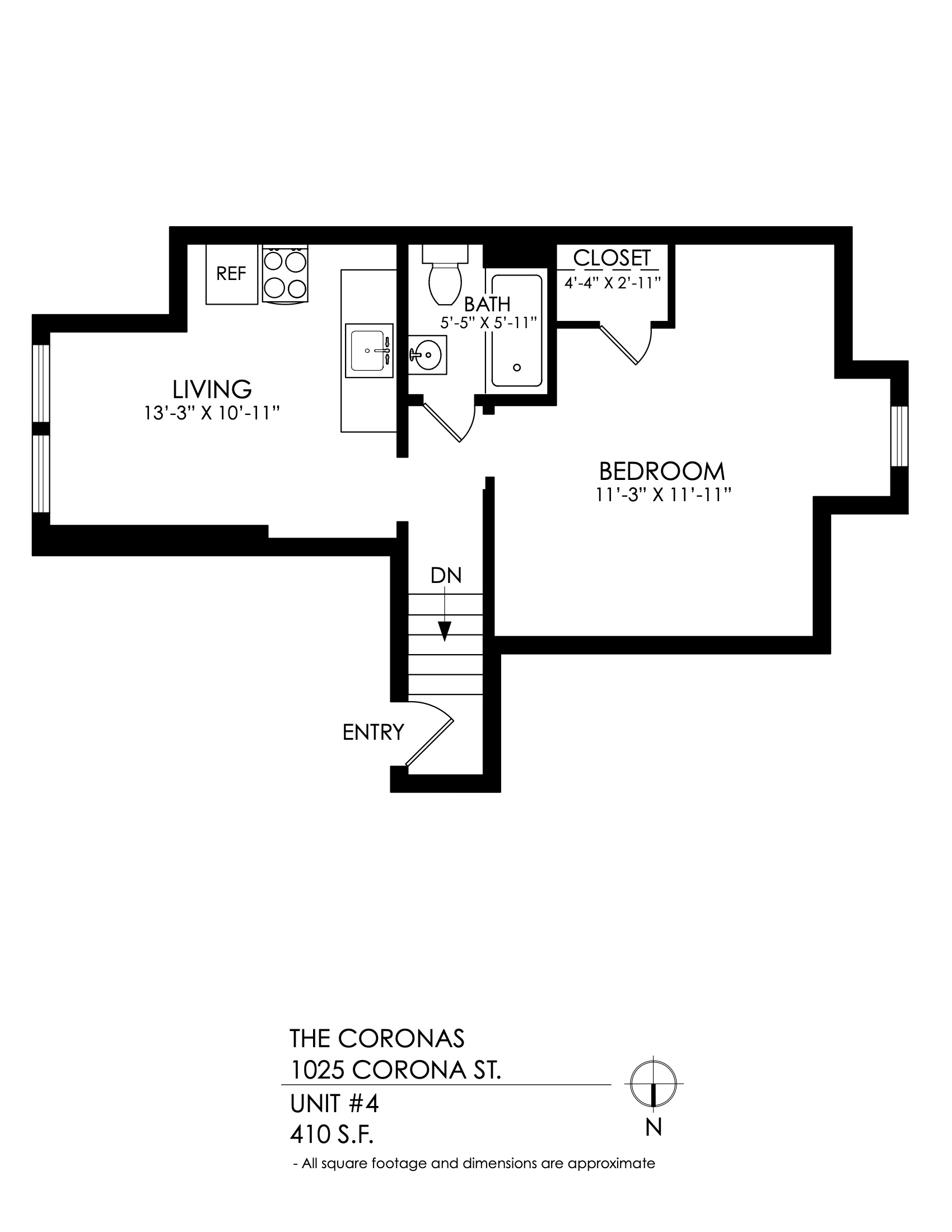 Floor plan for studio, 1 bath, 410 sqft